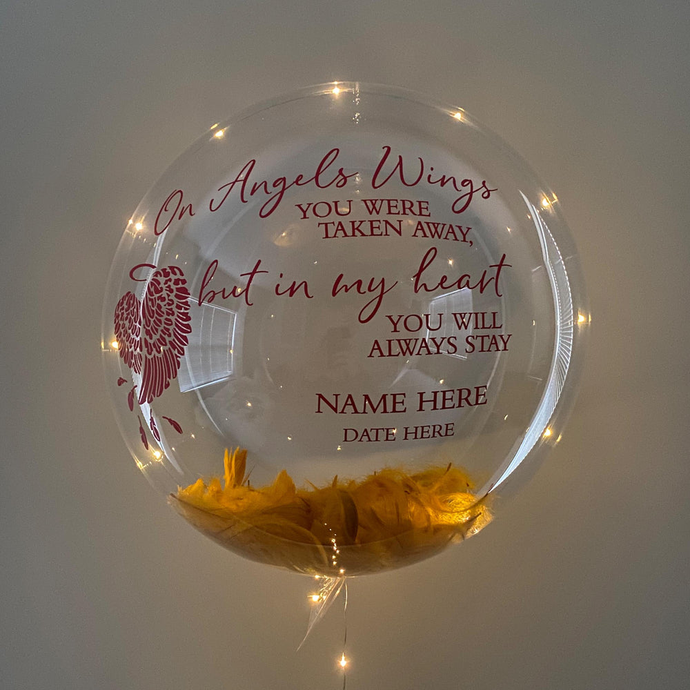 "On Angels Wings" Feather Balloominator - Custom Memorial Balloon - Balloominators